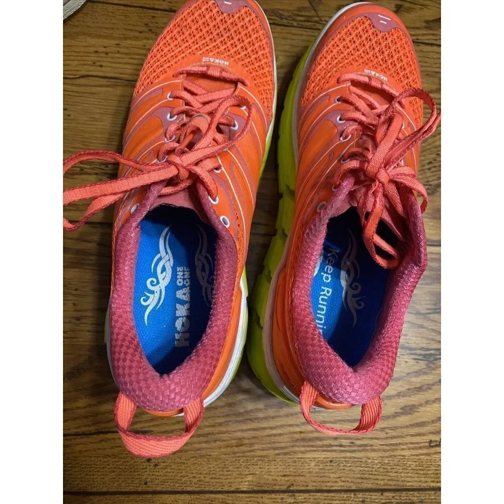 𝅺hoka One One Conquest 2 Women's Neon Coral Citrus Running Sneakers Shoes Sz 9.5